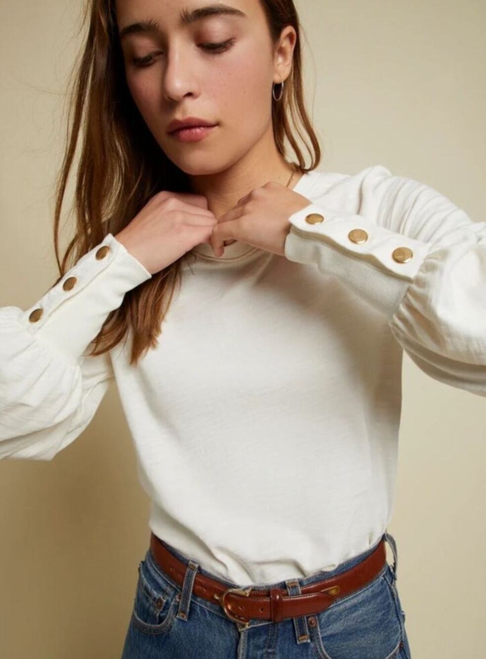 Nation LTD Johnnie Snap Sleeve Tee Ivory Long Sleeve Slub Knit Top Women's S